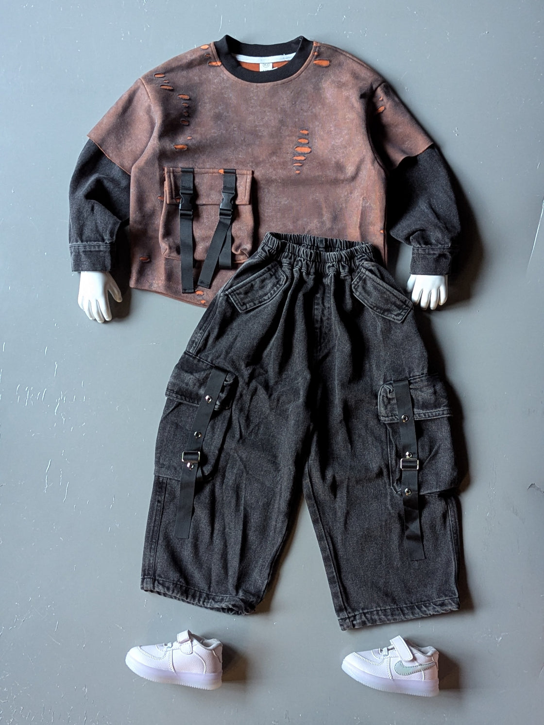 Unisex Full Layered Sleeve Distressed Look T Shirt and Cargo Pant Set