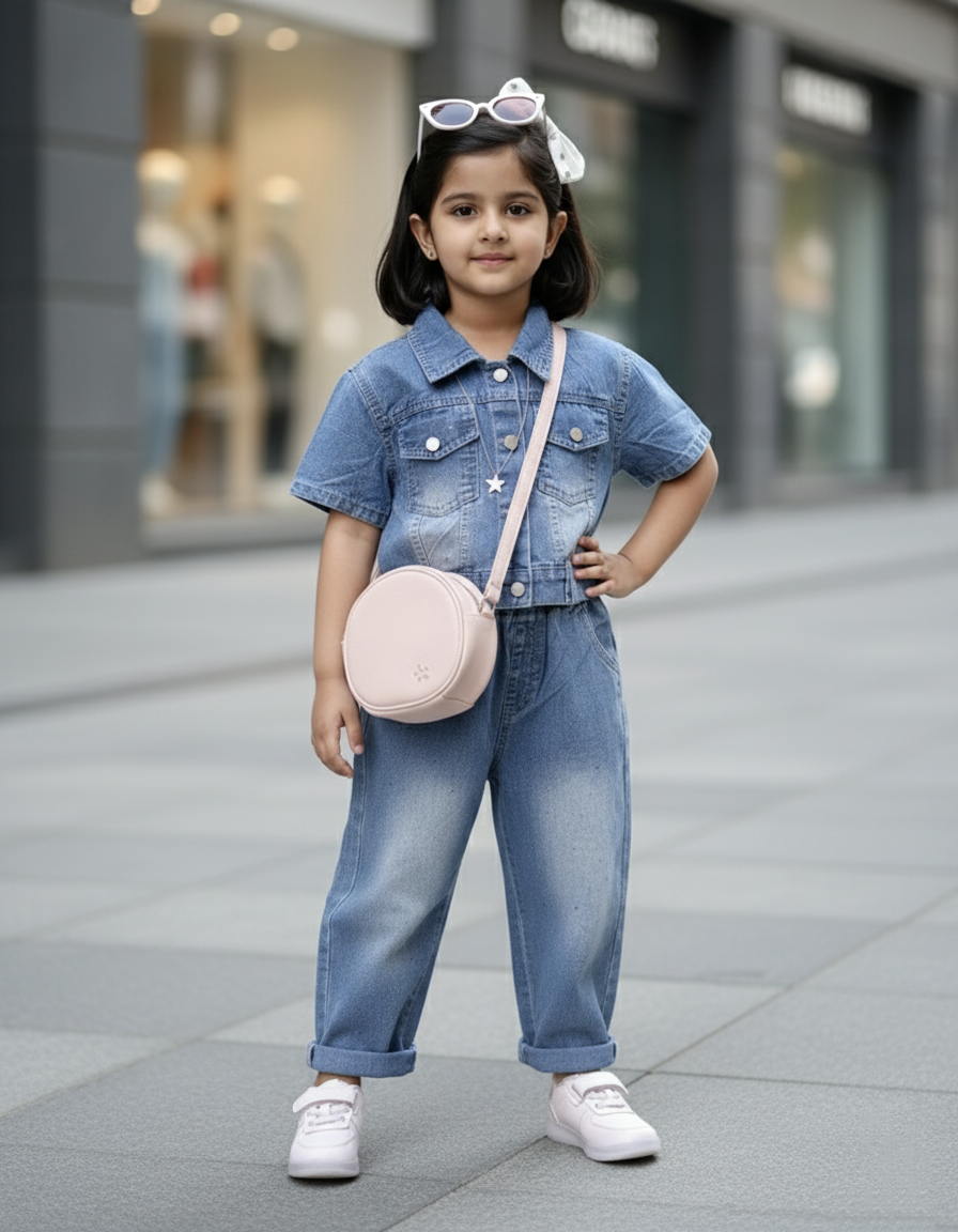 Girl's Half Sleeve Denim Top with Wide Leg Pant Set