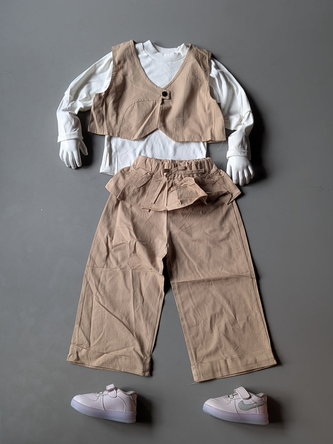 Girl's Full Sleeve Top with Vest and Wide Leg Pant Set