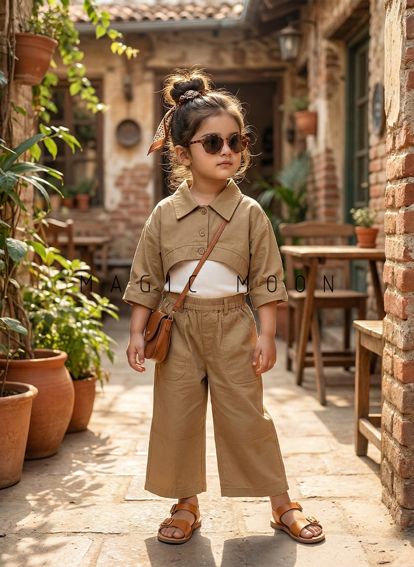 Girl's Full Sleeve Layered Look Top with Wide Leg Pant Set