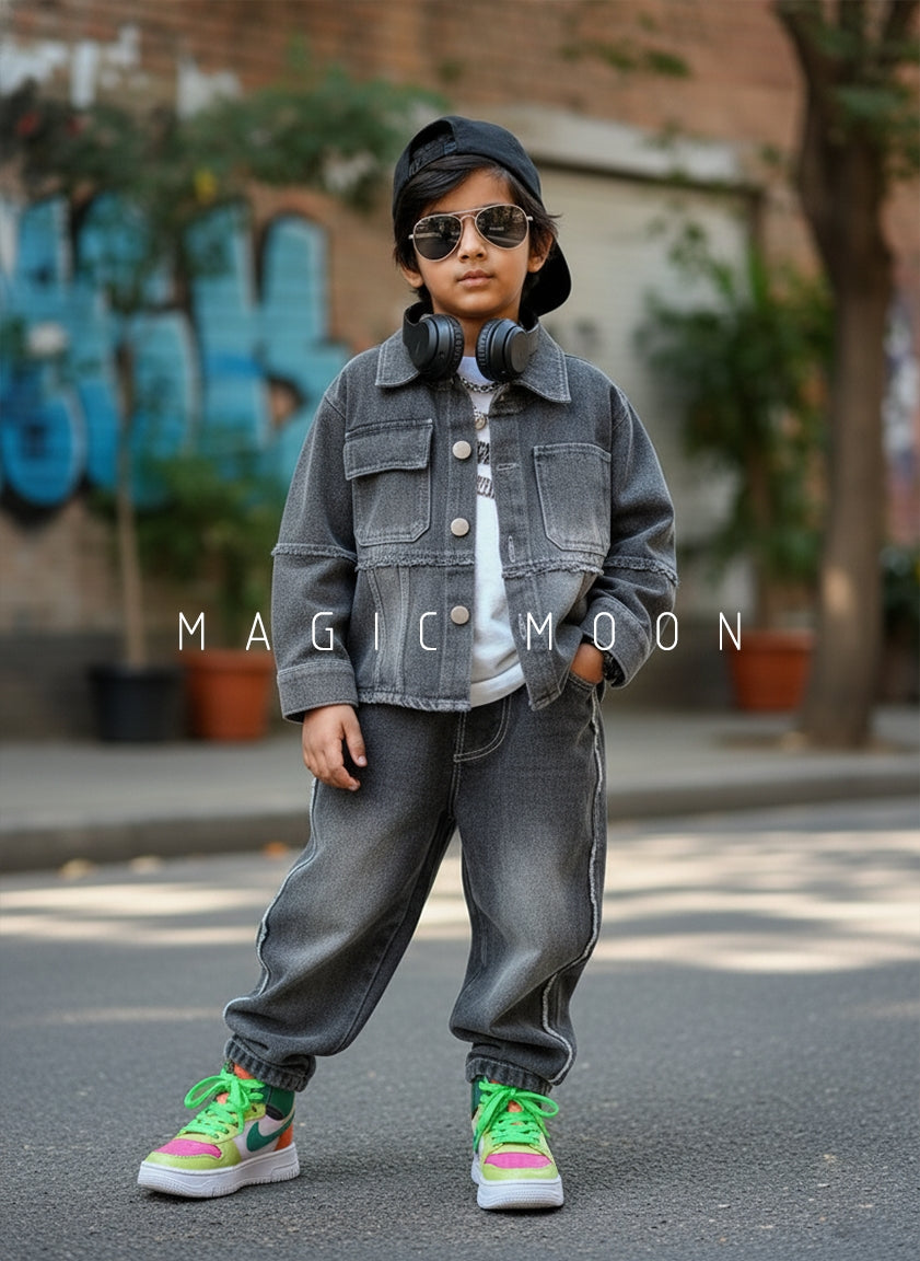 Unisex Full Sleeve Oversized Denim Jacket, Inner T Shirt and Pant Set