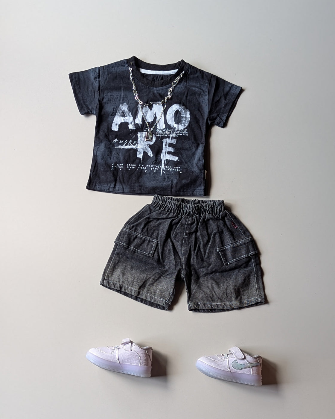 ST107 Unisex Half Sleeve Oversized T Shirt with Attached Chain and Shorts Set