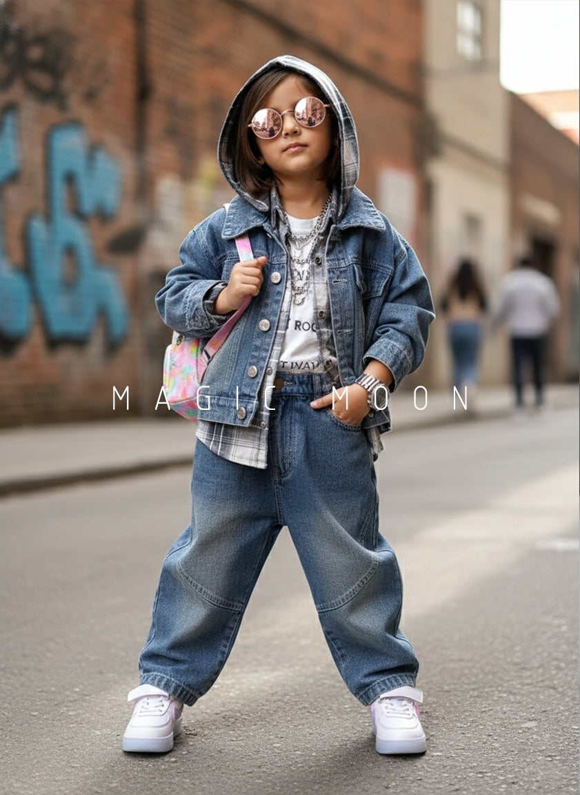 Unisex Full Sleeve Denim Hooded Jacket, Inner T Shirt and Pant Set