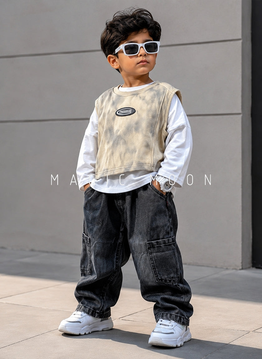 ST104 Unisex Full Sleeve Oversized T Shirt with Vest and Pant Set