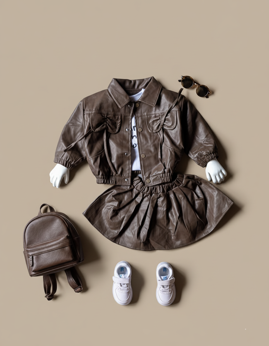 Girl's Full Sleeve Leather Jacket, Inner T Shirt with Leather Skirt Set
