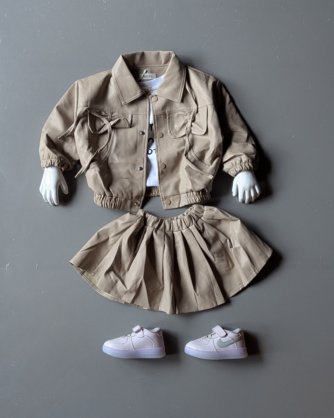 Girl's Full Sleeve Leather Jacket, Inner T Shirt with Leather Skirt Set