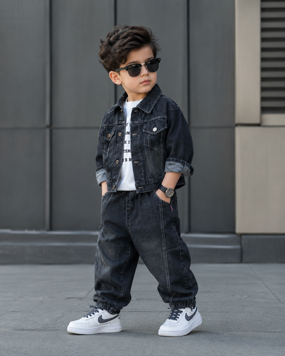STIM108-02 Unisex Full Sleeve Oversized Denim Jacket Inner T Shirt and Pant Set