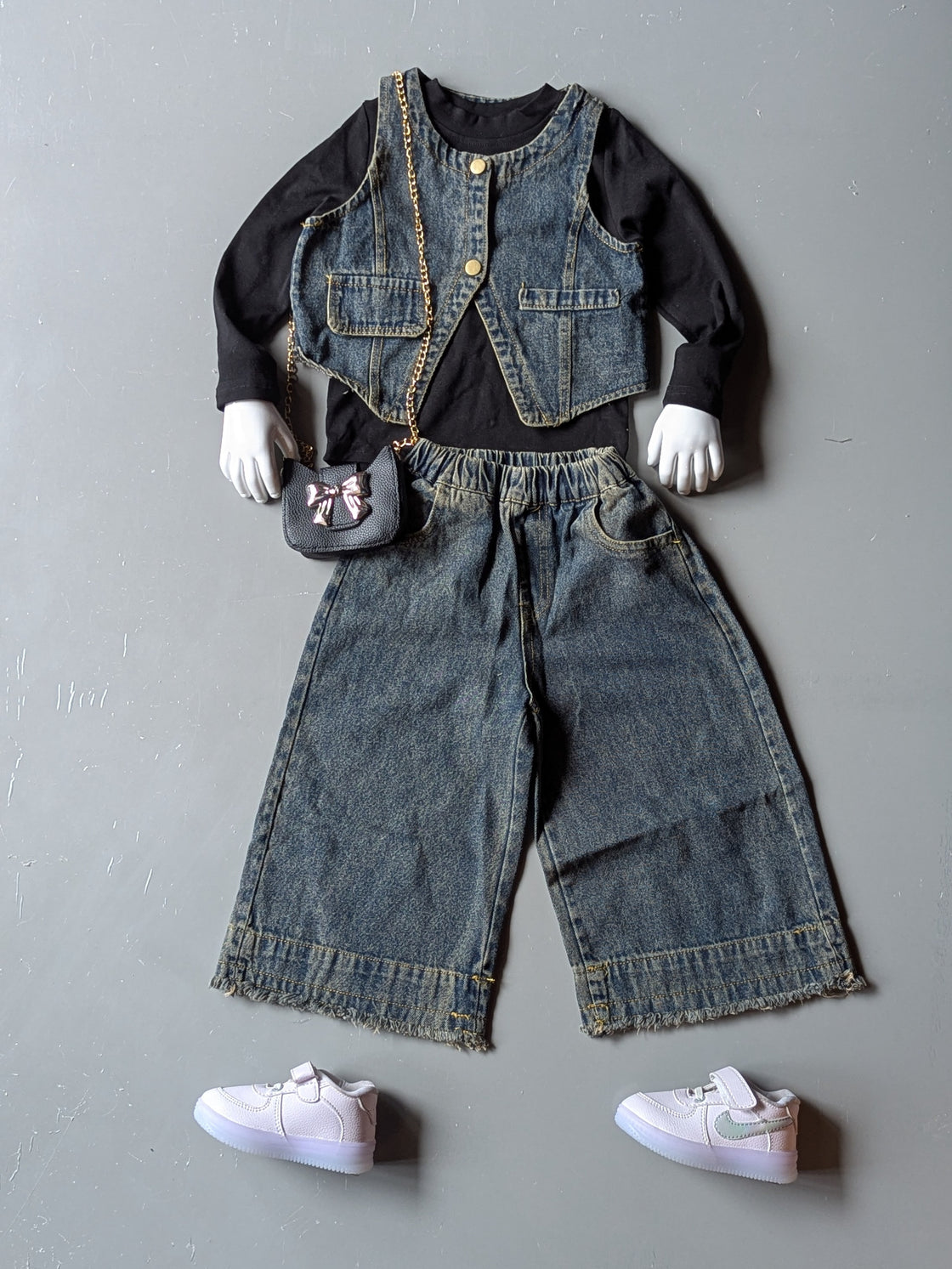 Full Sleeve Inner T Shirt, Denim Vest and Wide Leg Pant  with Bag Set