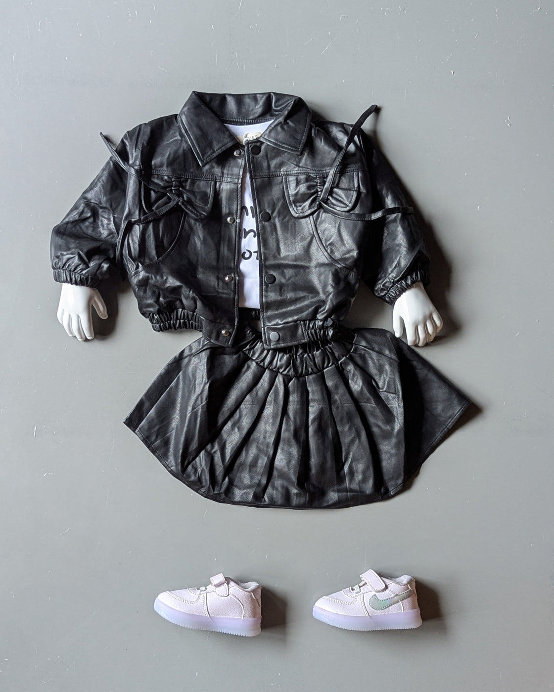 Girl's Full Sleeve Leather Jacket, Inner T Shirt with Leather Skirt Set