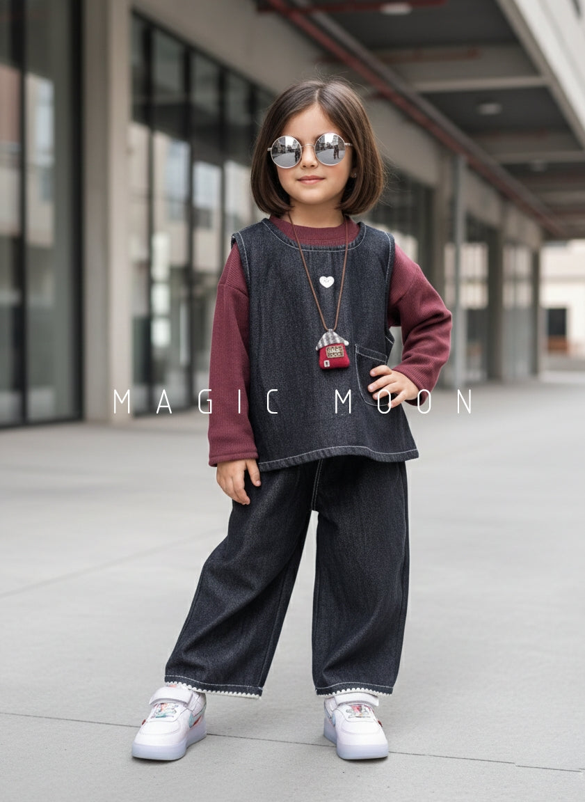 Girl's Full Sleeve Top with Vest and Wide Leg Pant Set
