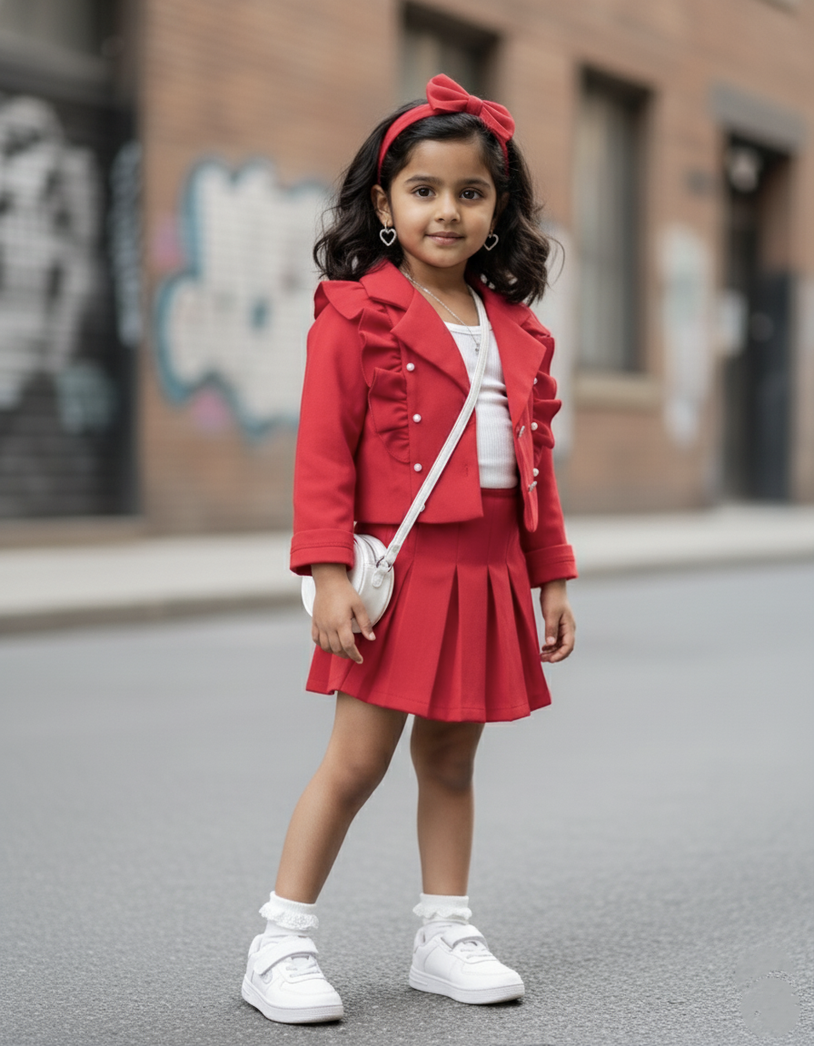 Girl's Full Sleeve Blazer, Inner Vest and Skirt Set