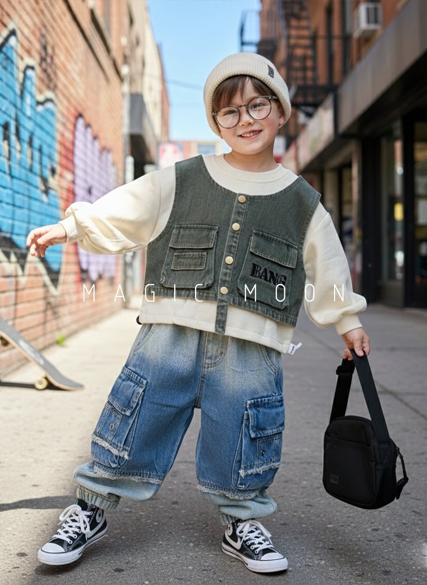 Unisex Full Sleeve Denim Attached Vest Oversized T Shirt