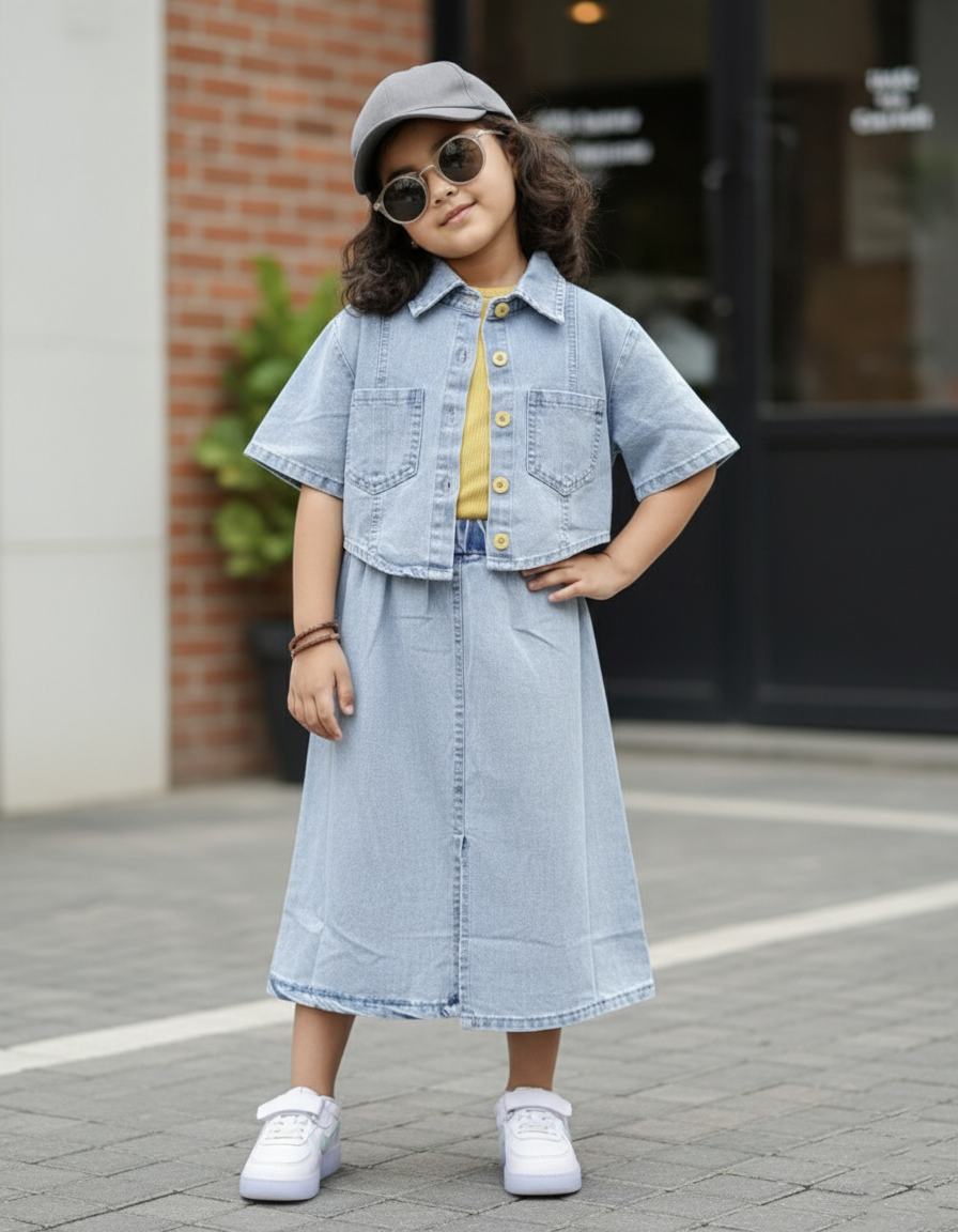 Girls Denim Top and Skirt Set with Inner