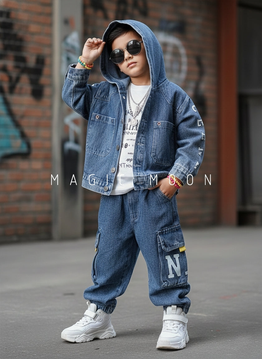 Unisex full Sleeve Oversized Hooded Denim Jacket, Inner T Shirt and Cargo Pant Set