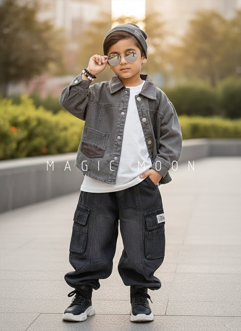 Unisex Full Sleeve Oversized Denim Jacket, Inner T Shirt and Pant Set