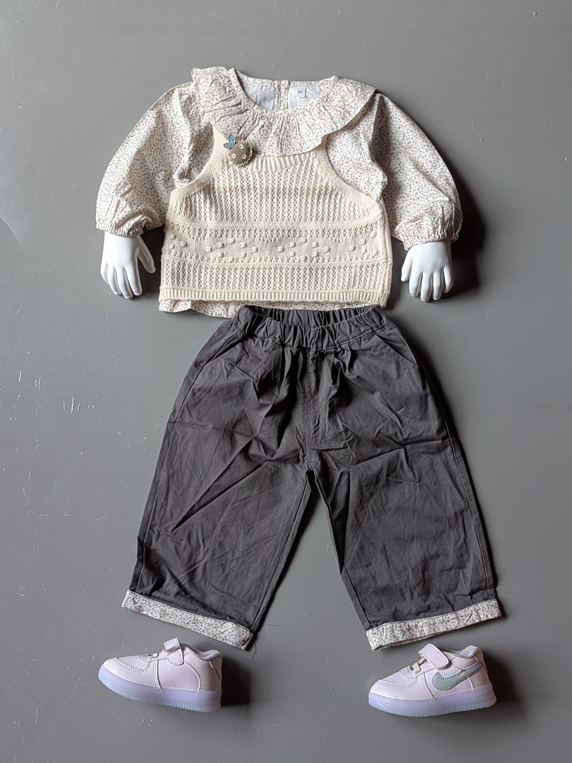 Girl's Full Sleeve Peter Pan Collar Shirt, Knitted Vest and Wide Leg Pant Set