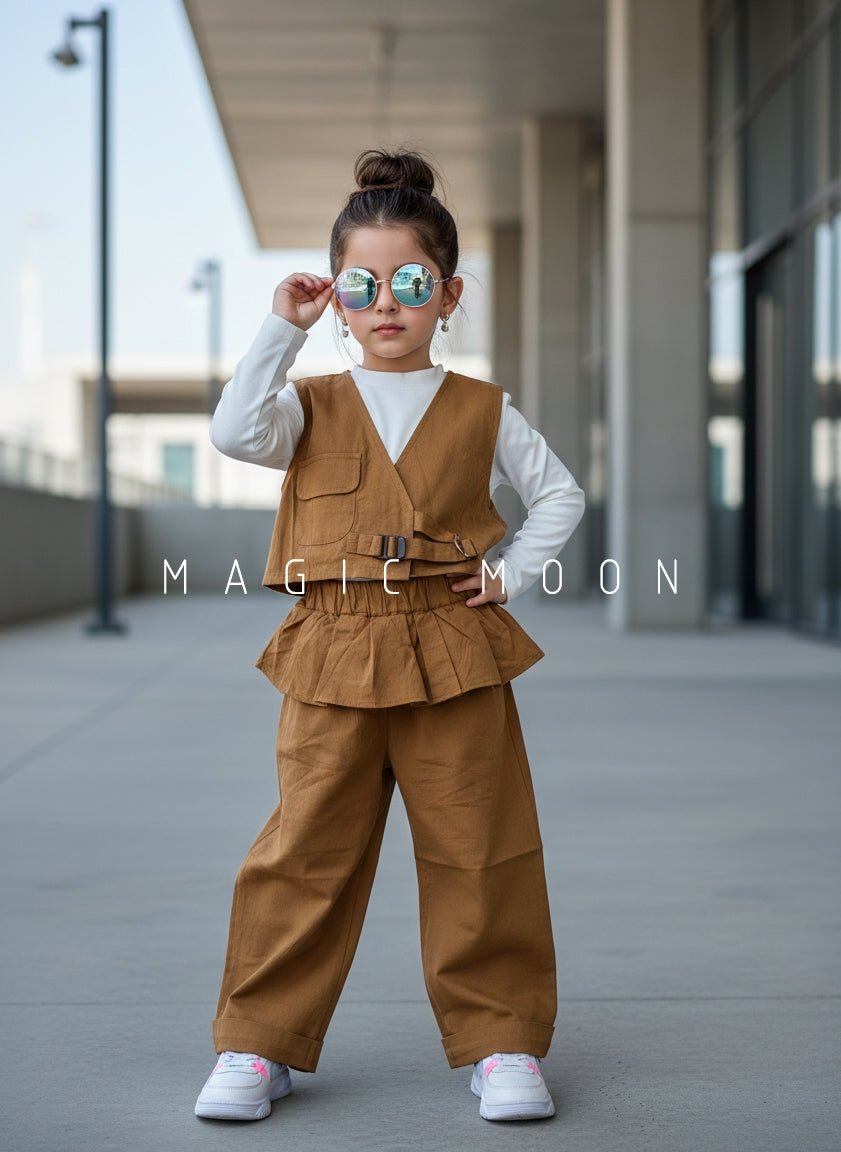 Girl's Full Sleeve Top with Vest and Wide Leg Pant Set