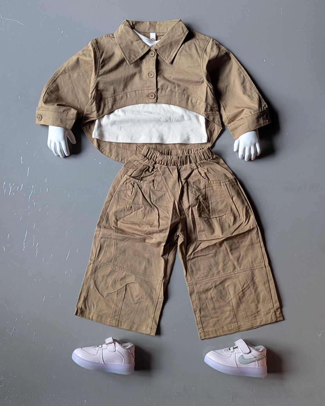 Girl's Full Sleeve Layered Look Top with Wide Leg Pant Set