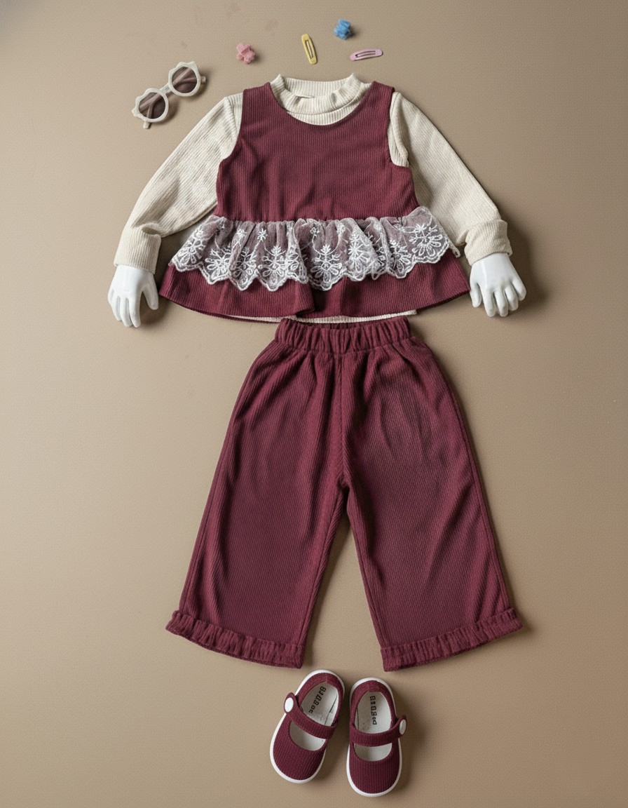 Full Sleeve Inner T Shirt, Vest and Wide Leg Pant Set