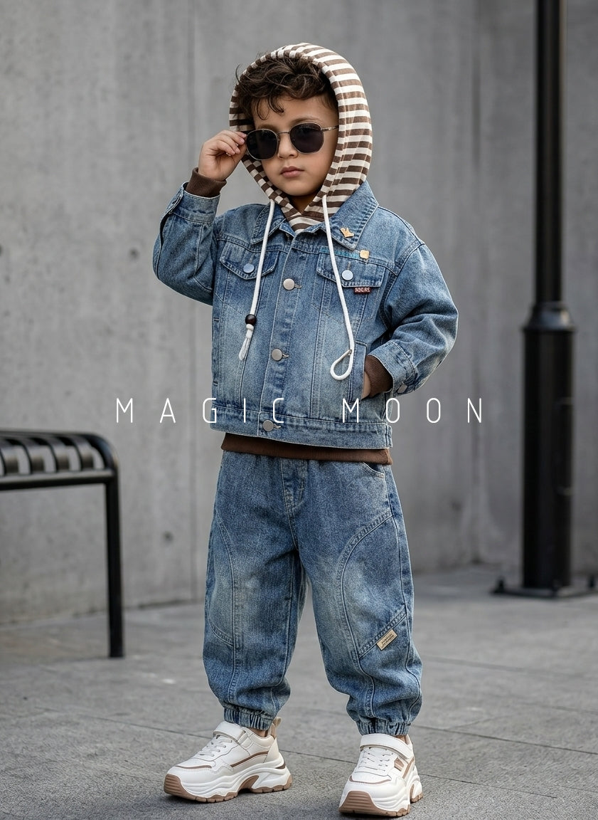 ST100 Unisex Full Sleeve Oversized Denim Jacket Hooded Inner T Shirt and Pant Set