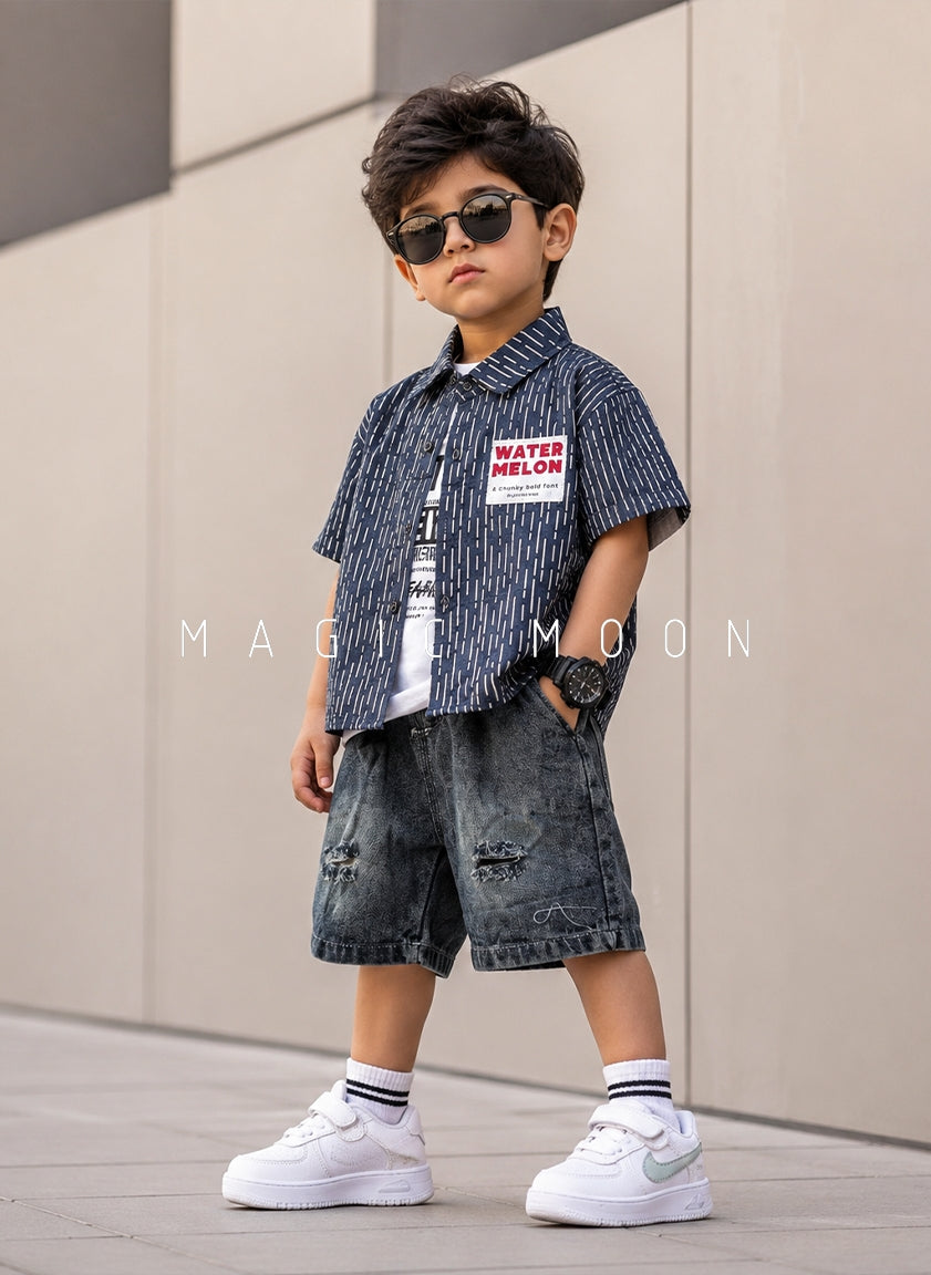 ST105 Unisex Half Sleeve Oversized Shirt with Inner T Shirt and Shorts Set