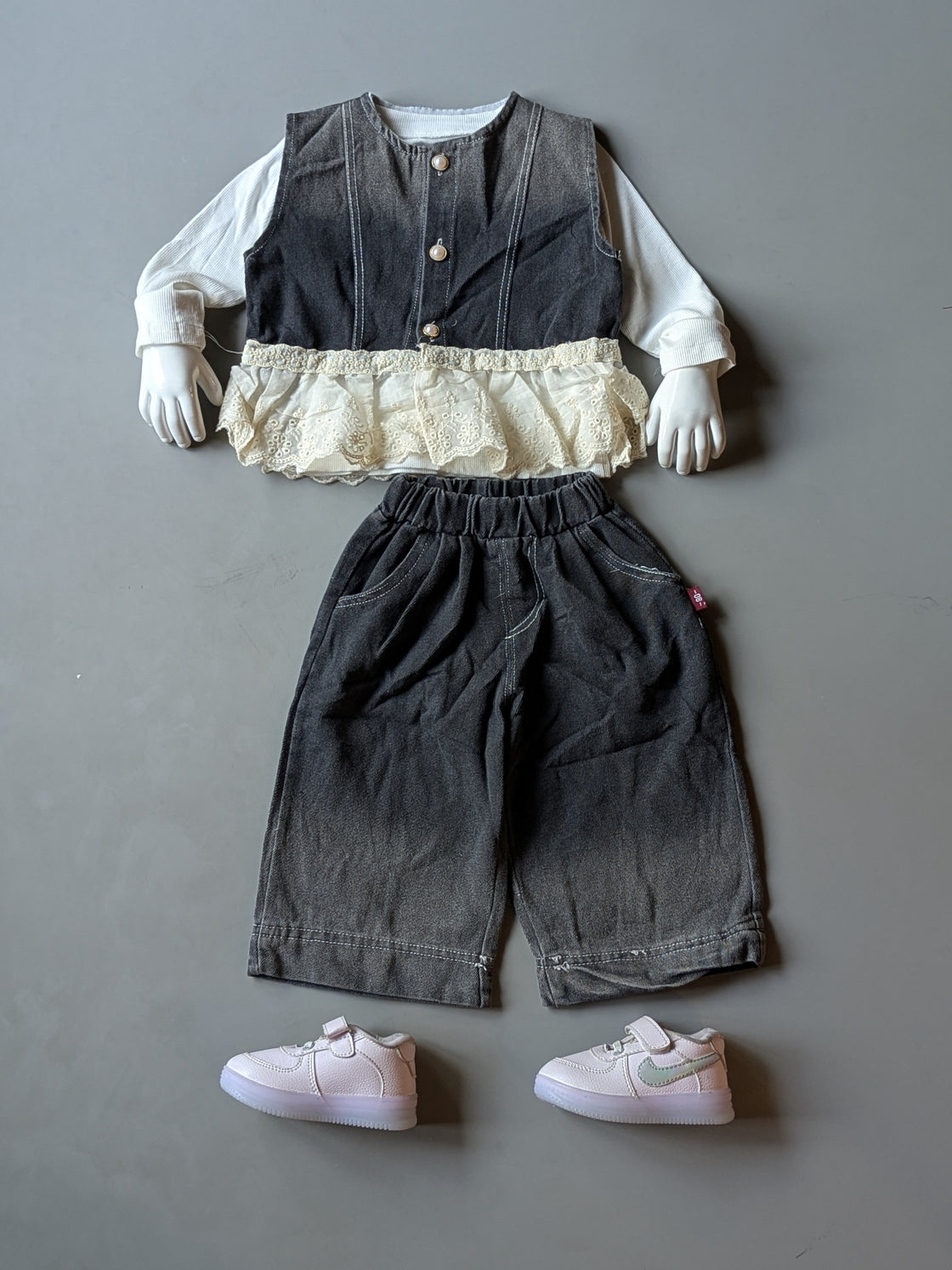 Girl's Full Sleeve Top and Denim Vest with Wide Leg Pant Set