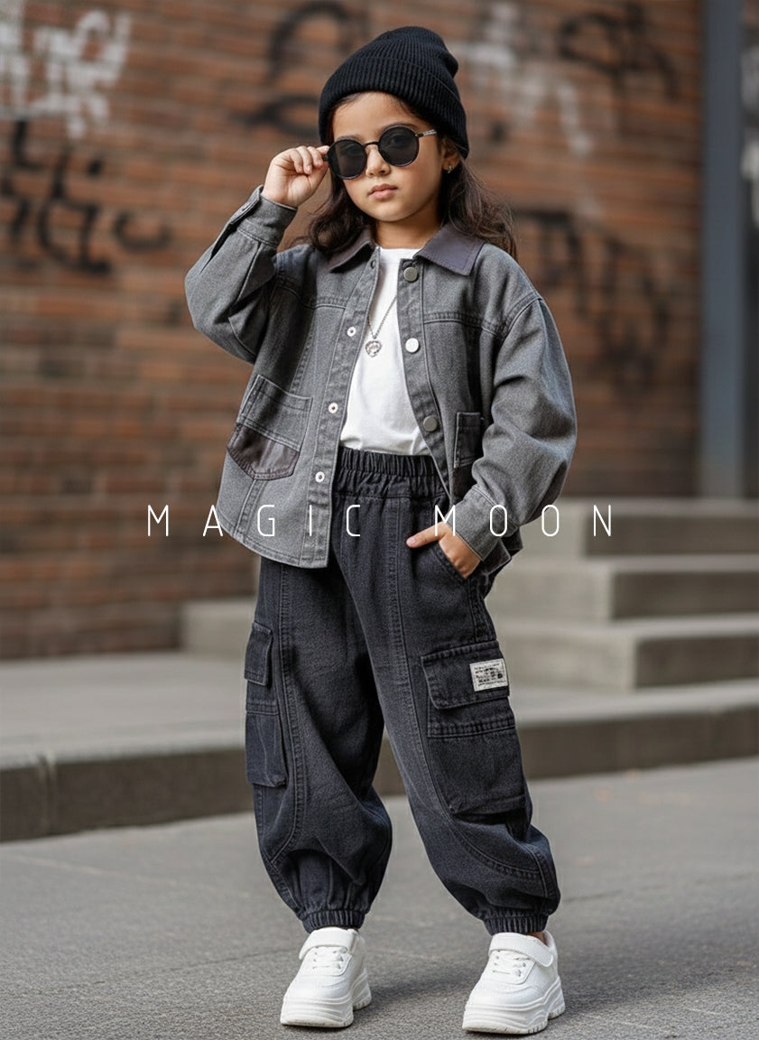 Unisex Full Sleeve Oversized Denim Jacket, Inner T Shirt and Pant Set