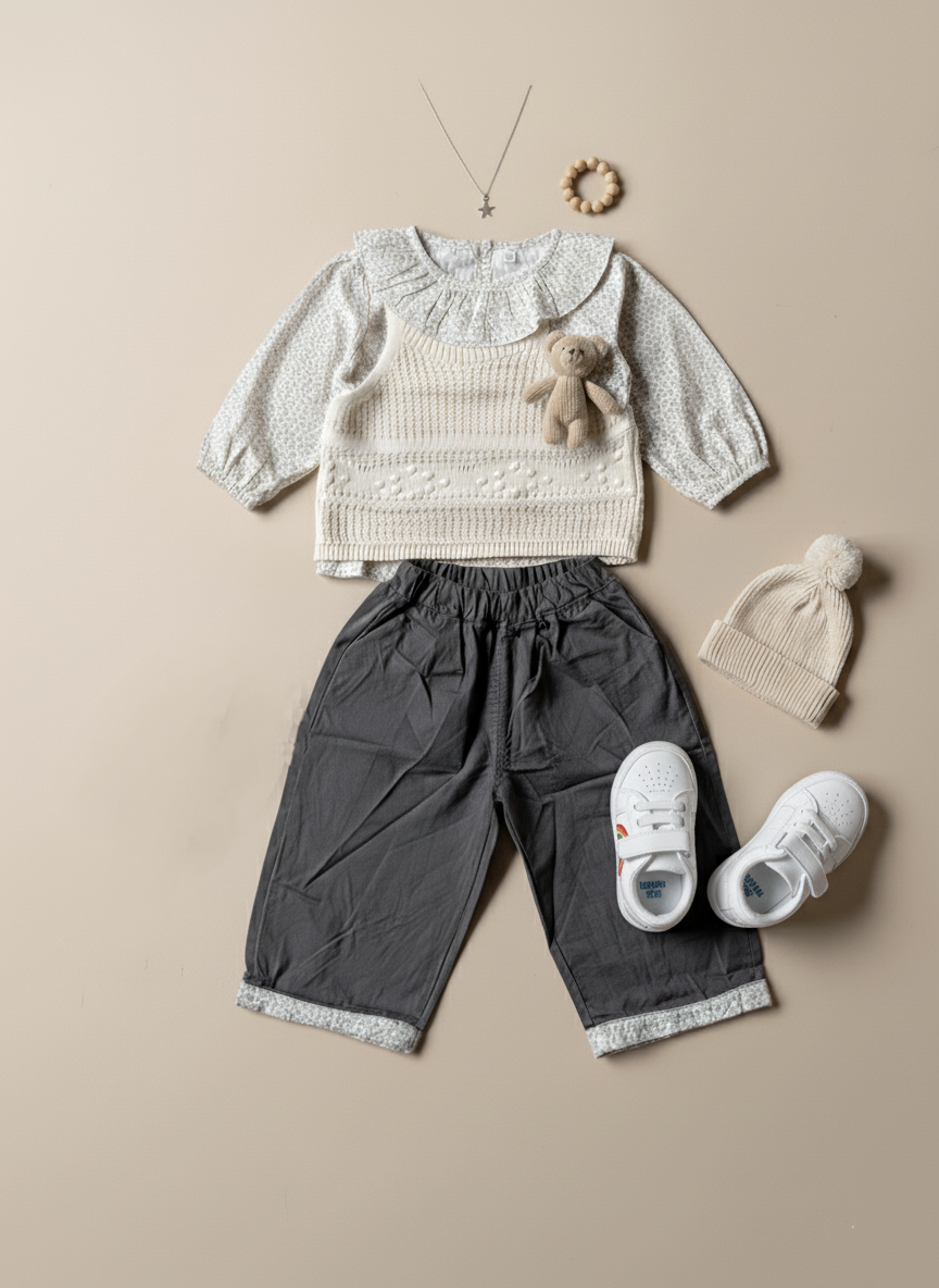 Girl's Full Sleeve Peter Pan Collar Shirt, Knitted Vest and Wide Leg Pant Set