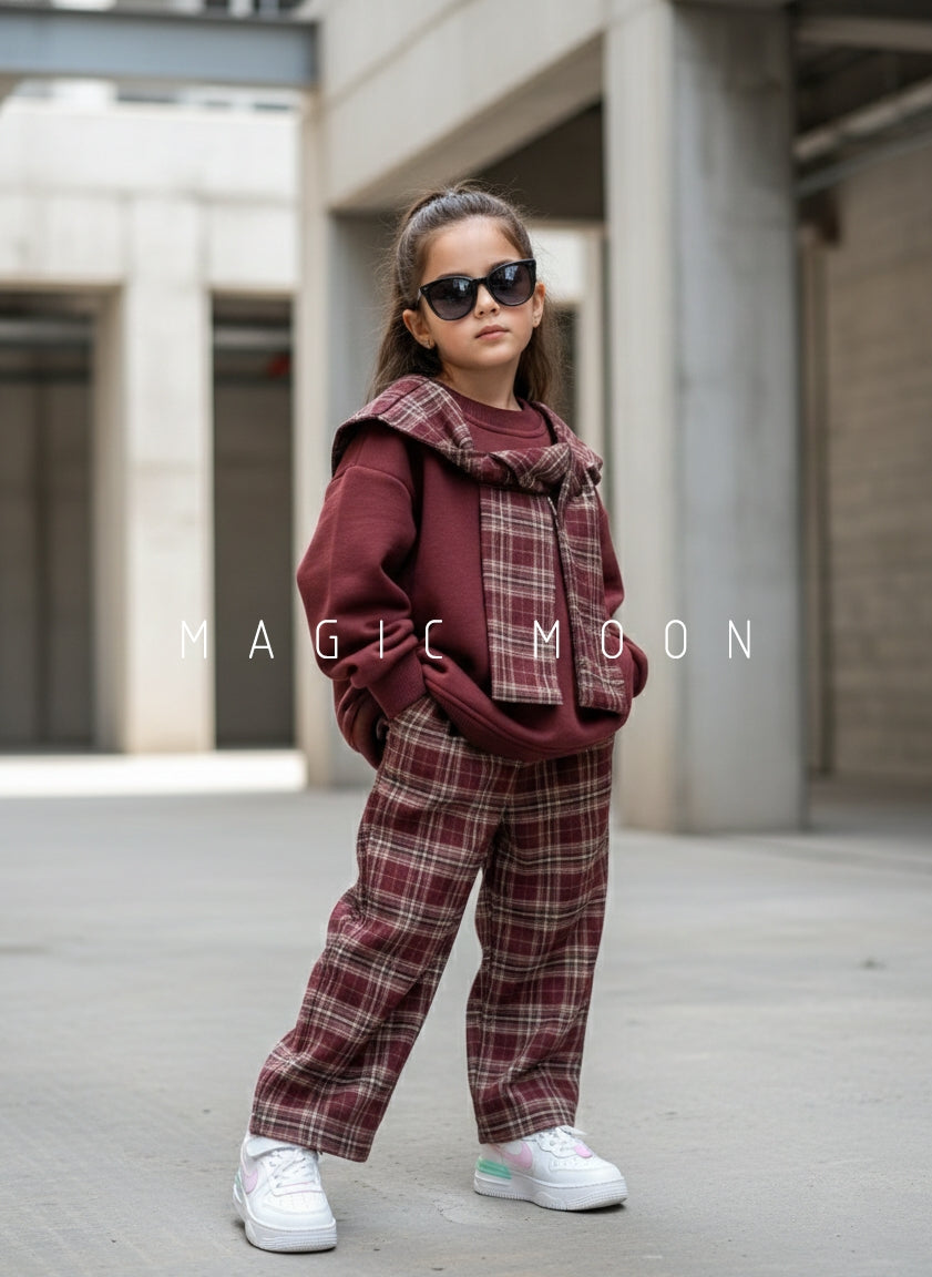Girl's Full Sleeve Oversized T Shirt with Plaid Scarf and Pant Set
