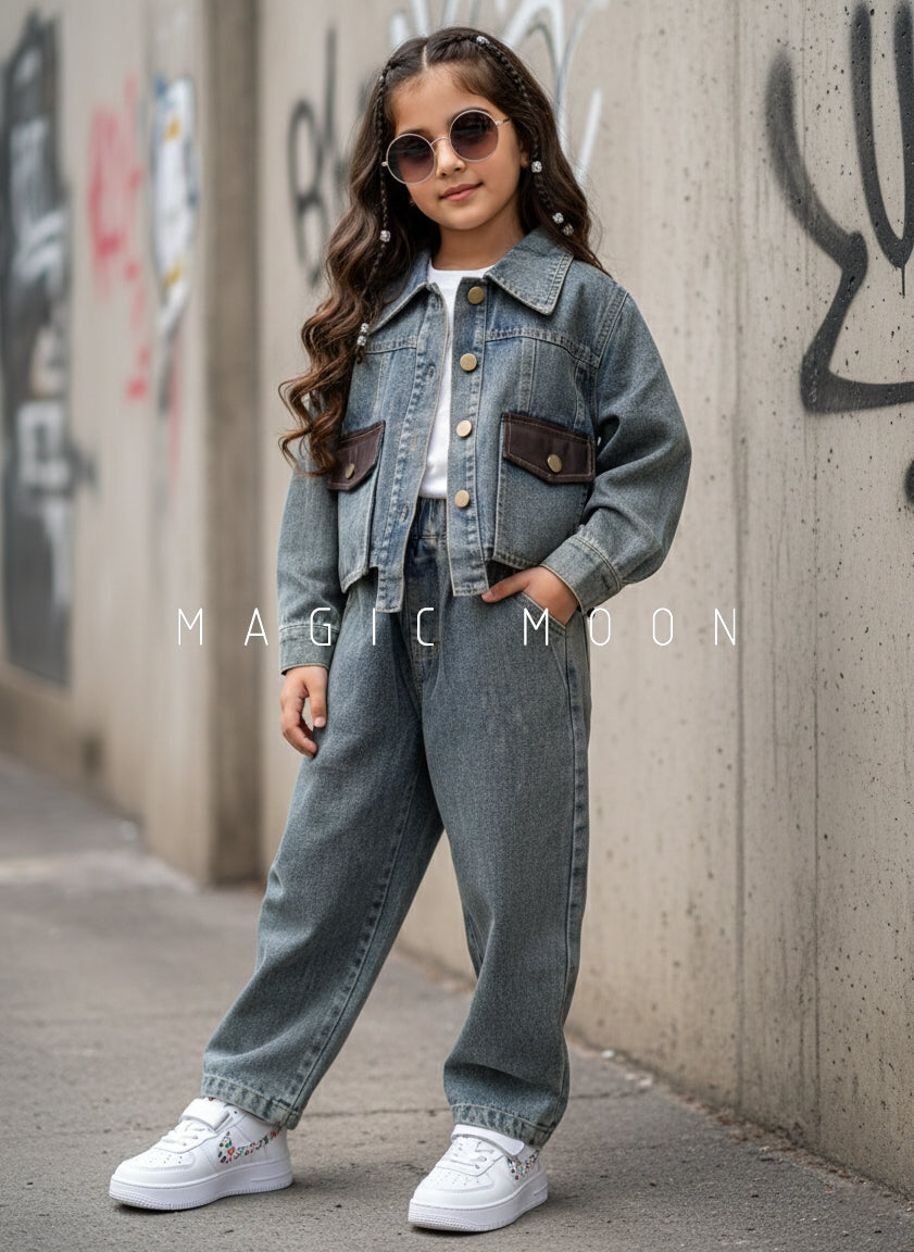 Girl's Full Sleeve Oversized Denim Jacket Inner T Shirt and Pant Set