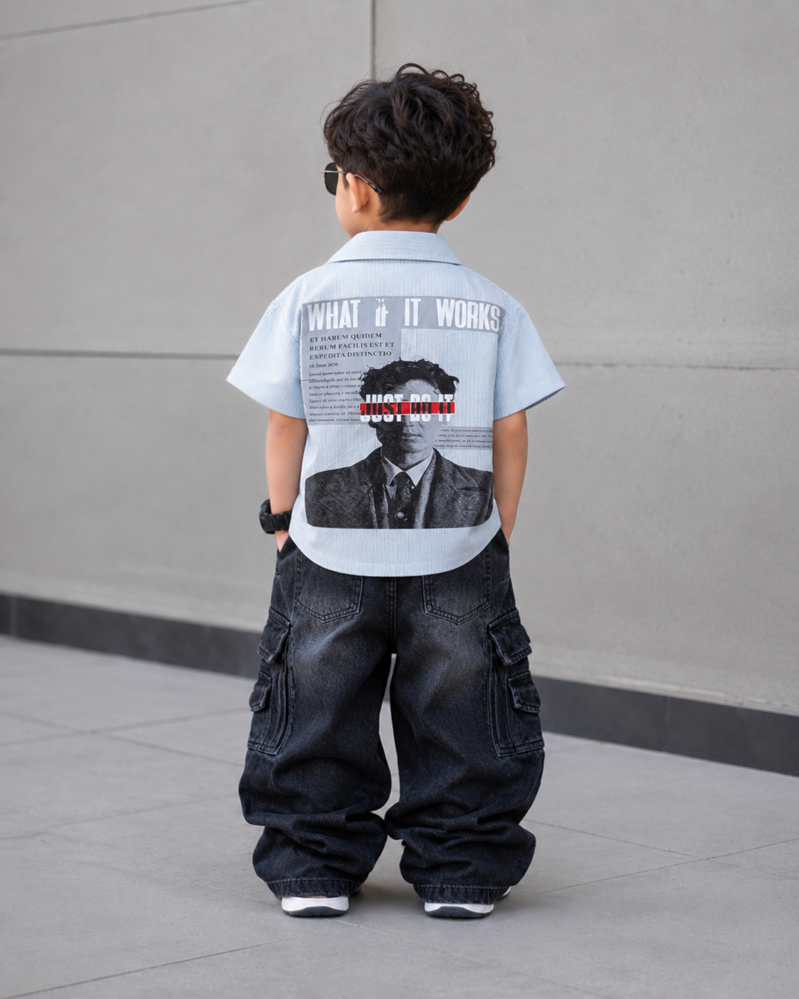 SHHS08 Boy's Half Sleeve Oversized Small Striped Back Printed Shirt