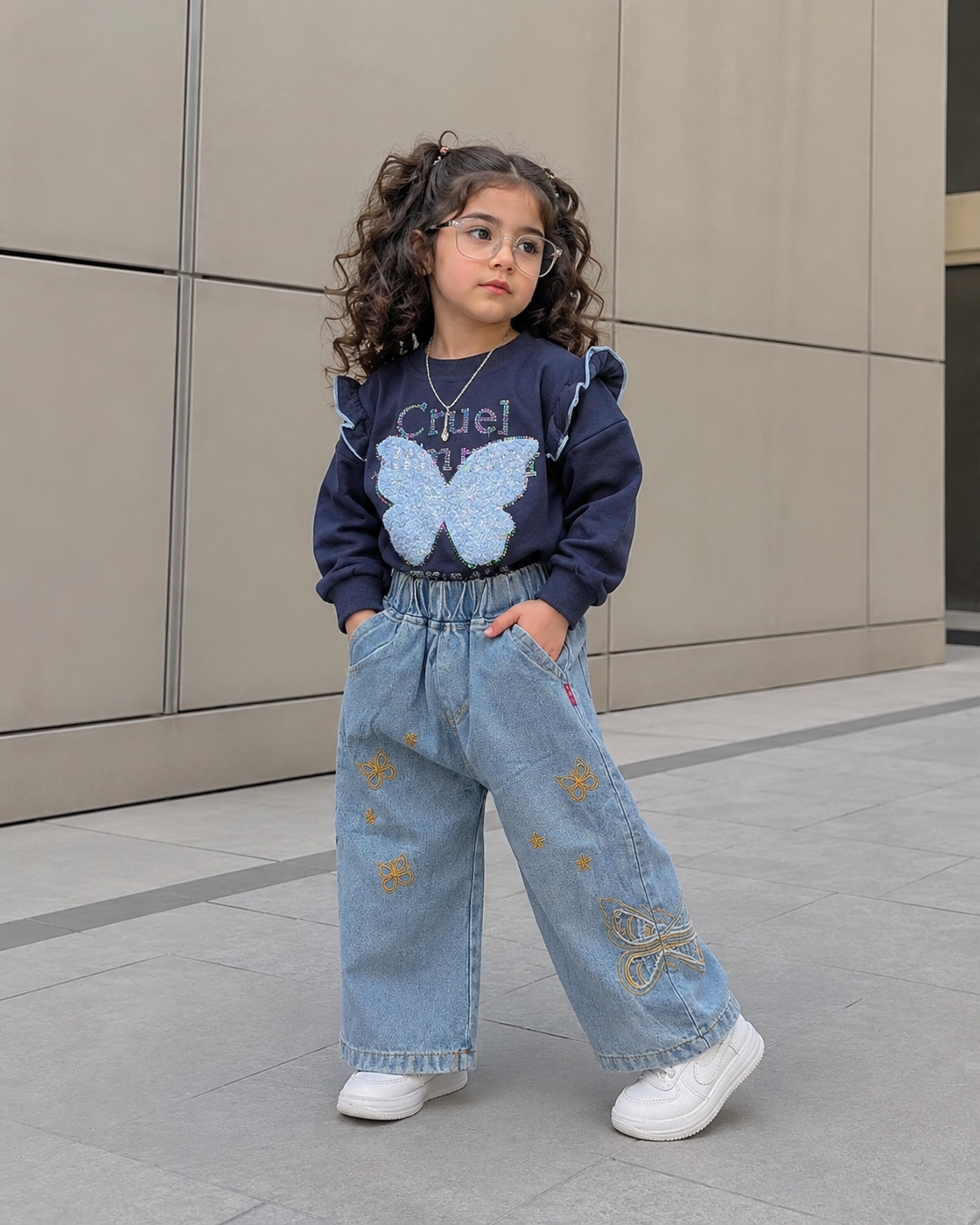 GST05C1-01 Girl's Full Sleeve Oversized T Shirt and Wide Leg Pant Set