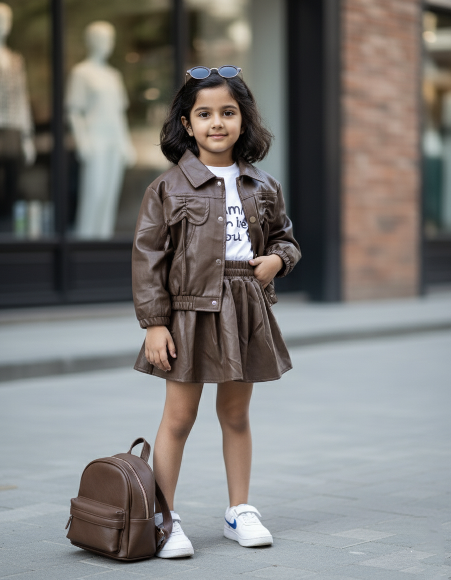 Girl's Full Sleeve Leather Jacket, Inner T Shirt with Leather Skirt Set