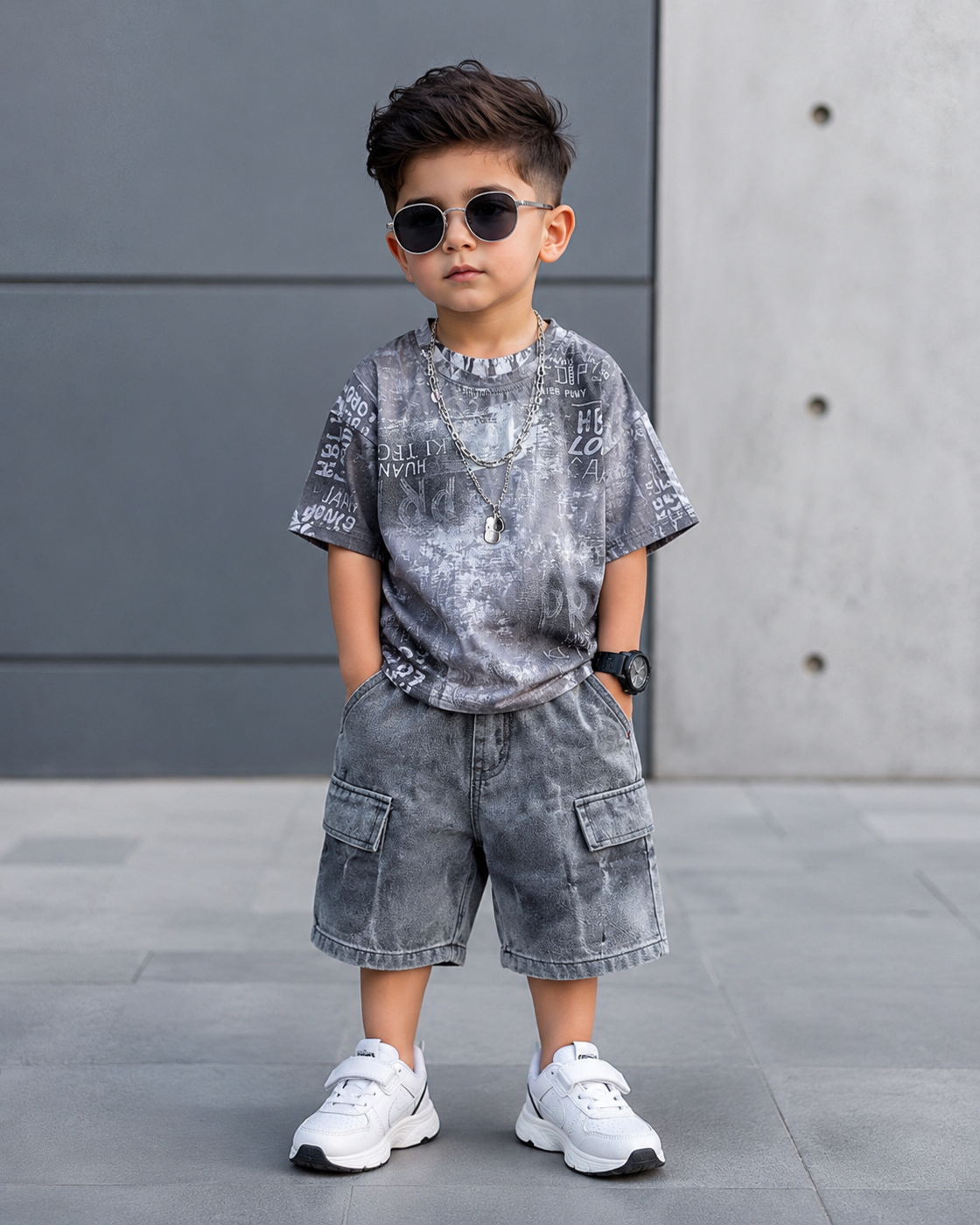 ST107 Unisex Half Sleeve Oversized T Shirt with Attached Chain and Shorts Set