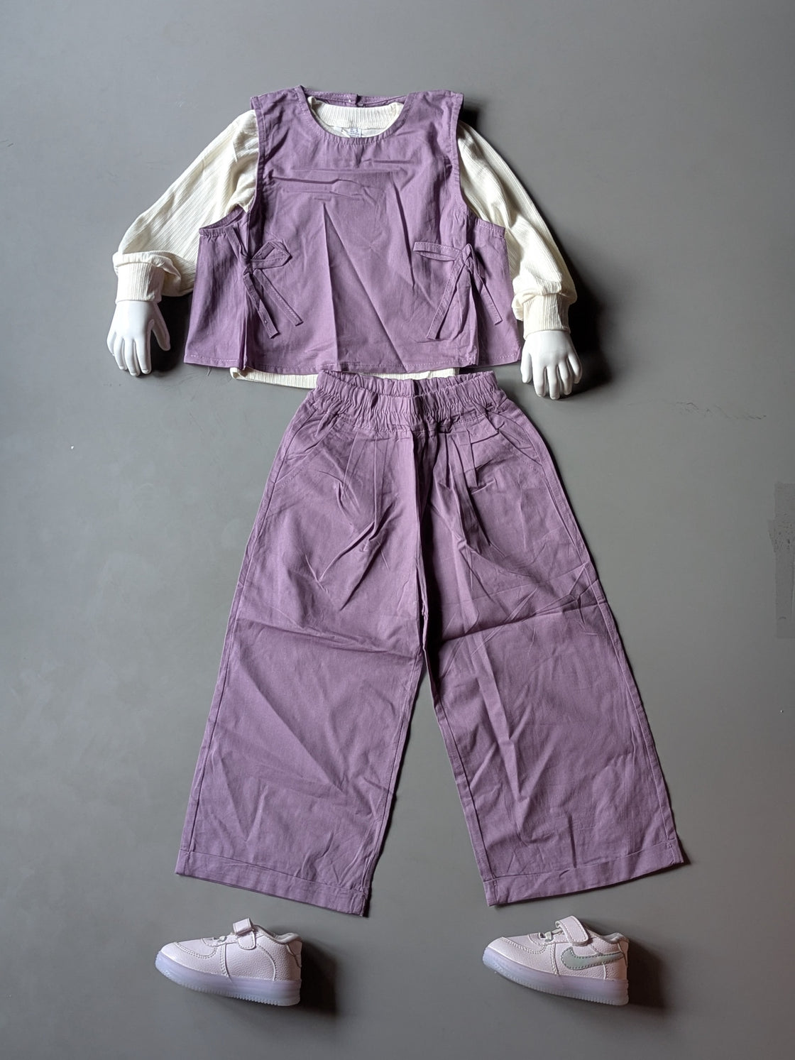 Girl's Full Sleeve Top with Vest and Wide Leg Pant Set