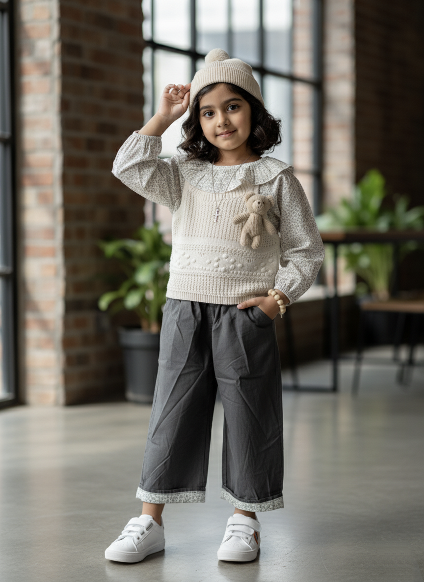 Girl's Full Sleeve Peter Pan Collar Shirt, Knitted Vest and Wide Leg Pant Set