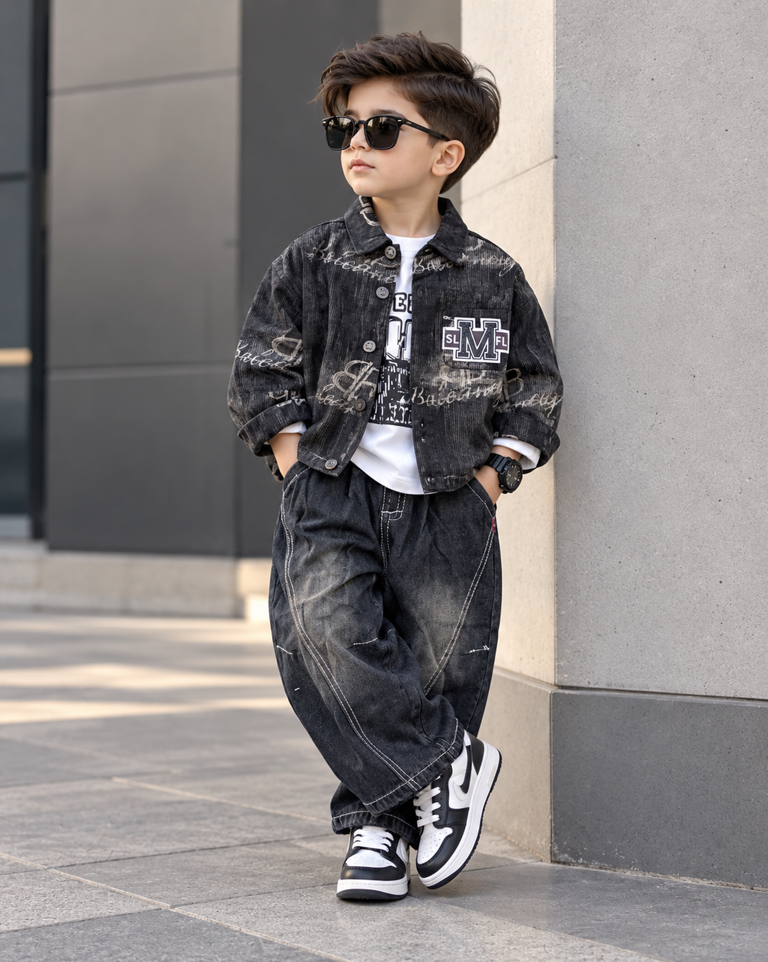 STIM120-01 Unisex Full Sleeve Oversized Denim Jacket Inner T Shirt and Pant Set