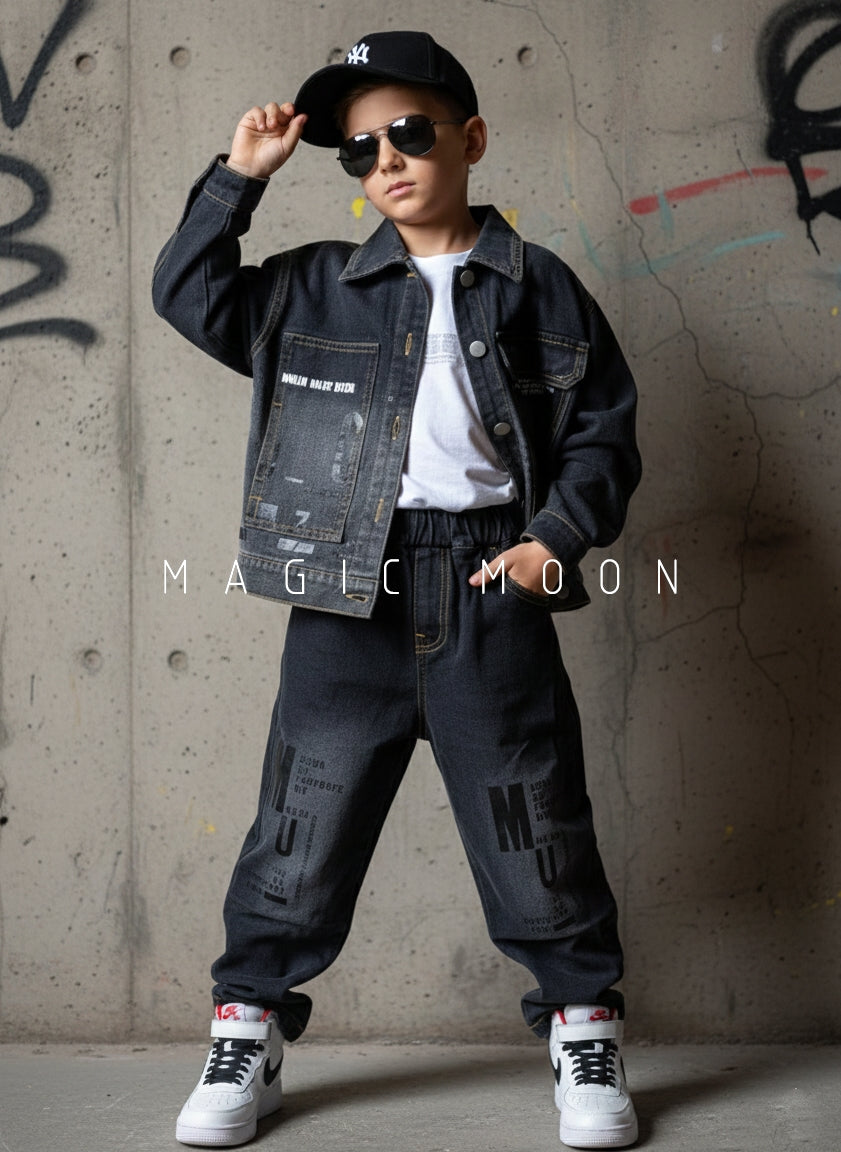 Unisex Full Sleeve Oversized Denim Jacket Inner T Shirt and Pant Set