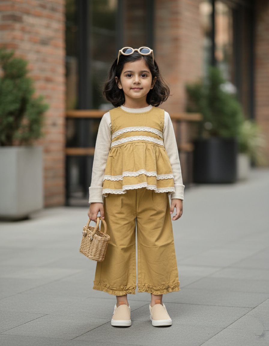 Full Sleeve Inner T Shirt with Vest and Wide Leg Pant Set