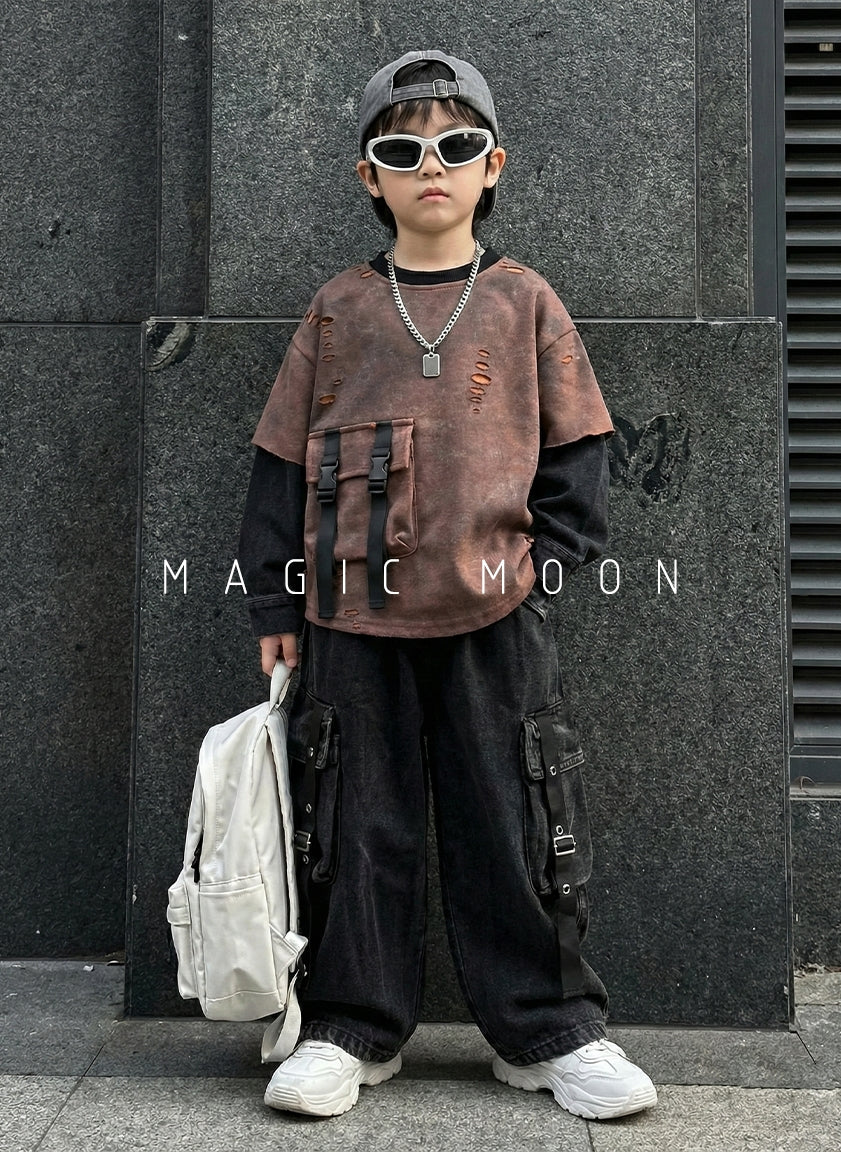 Unisex Full Layered Sleeve Distressed Look T Shirt and Cargo Pant Set