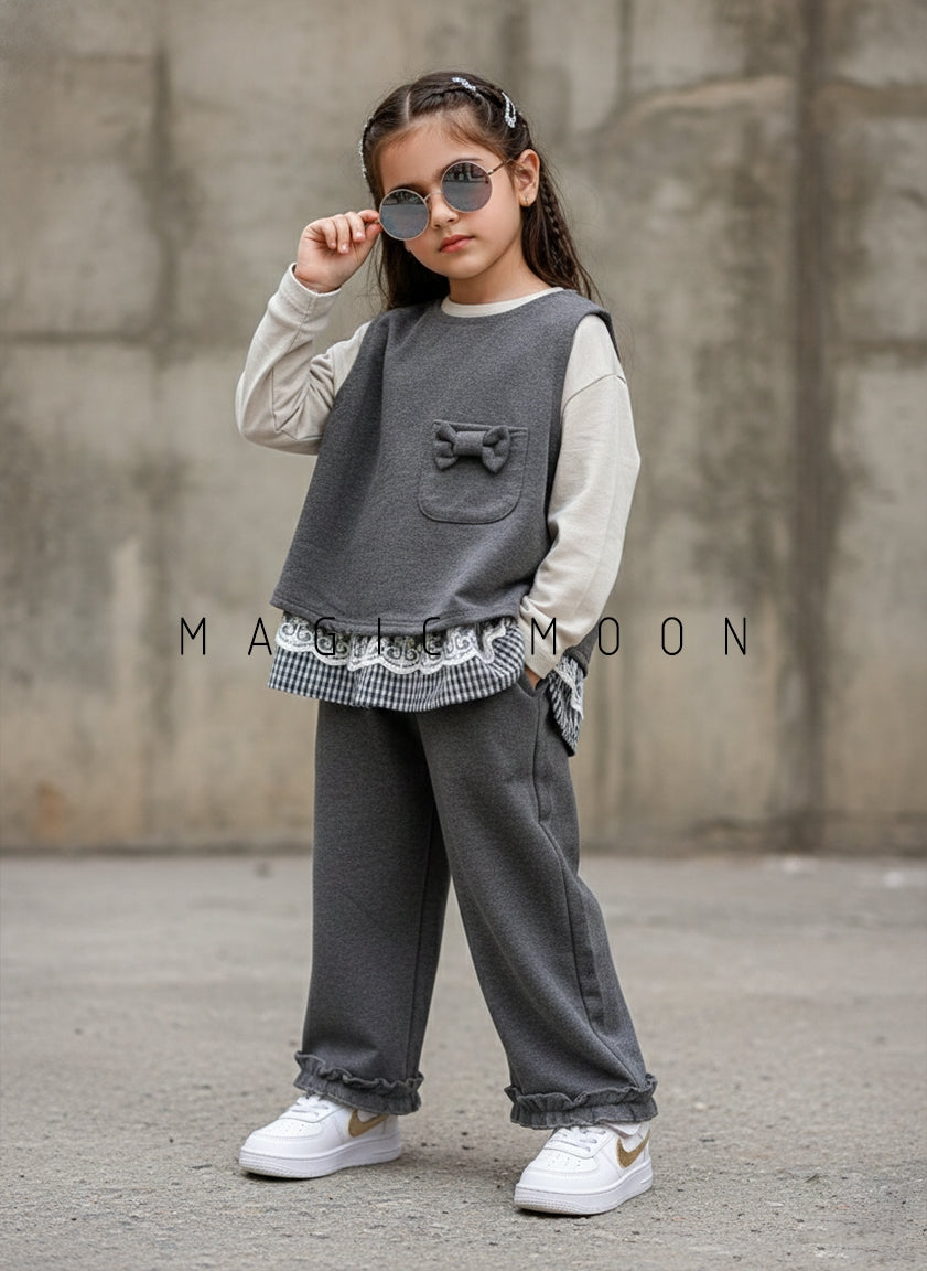 Girl's Full Sleeve Top with Vest and Wide Leg Pant Set