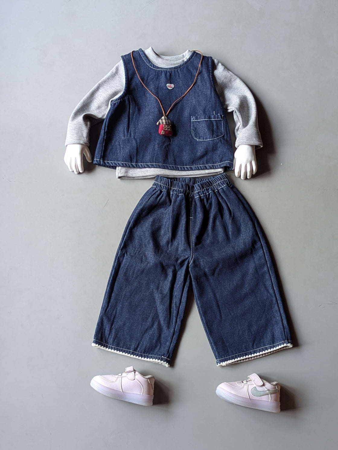 GST01 Girl's Full Sleeve Top, Denim Vest with Attached Chain and Wide Leg Pant Set