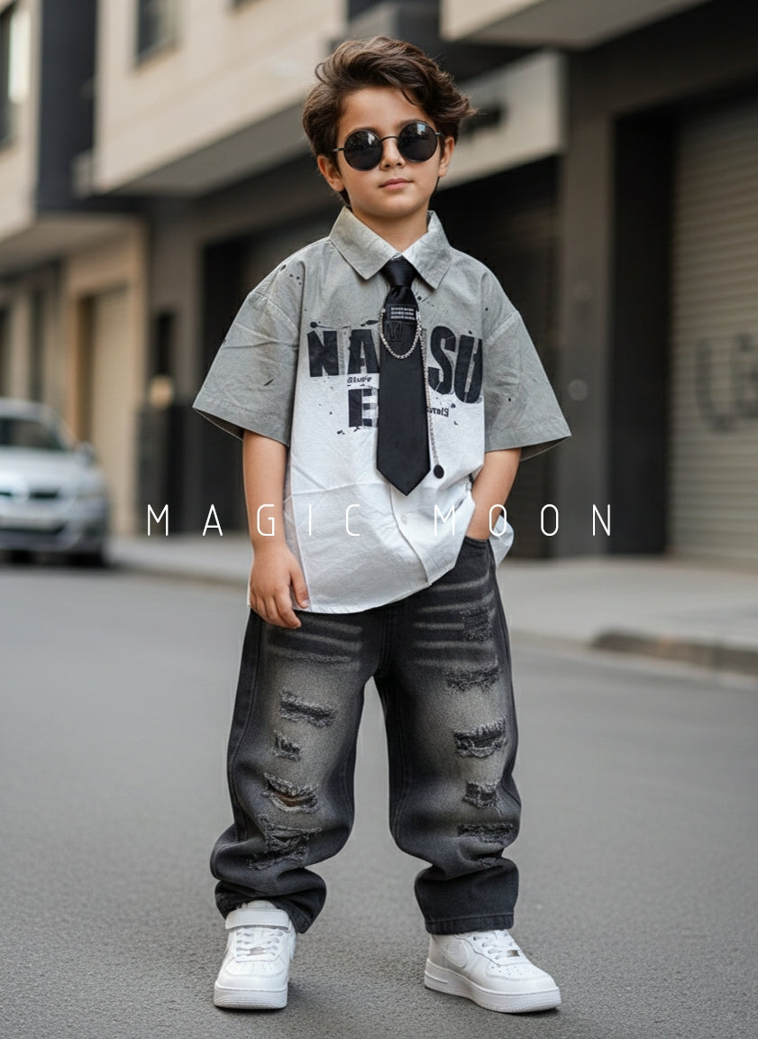 Unisex Half Sleeve Oversized Shirt with Tie