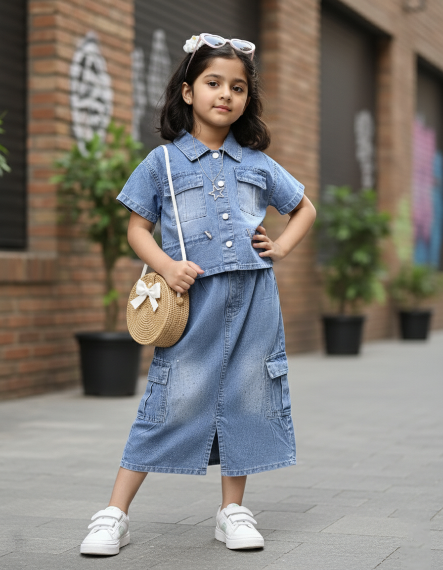 Girl's Half Sleeve Denim jacket and Skirt Set