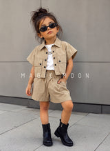 GST02 Girls Half Sleeve Oversized Shirt with Inner T Shirt and Shorts Set