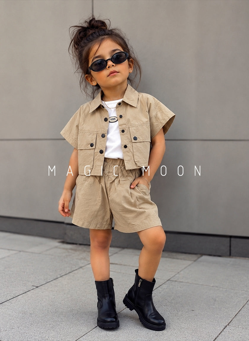 GST02 Girls Half Sleeve Oversized Shirt with Inner T Shirt and Shorts Set