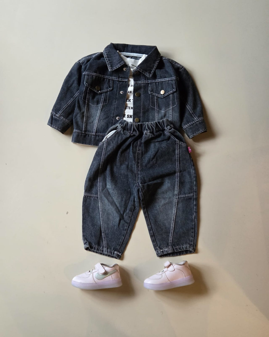 STIM108-02 Unisex Full Sleeve Oversized Denim Jacket Inner T Shirt and Pant Set