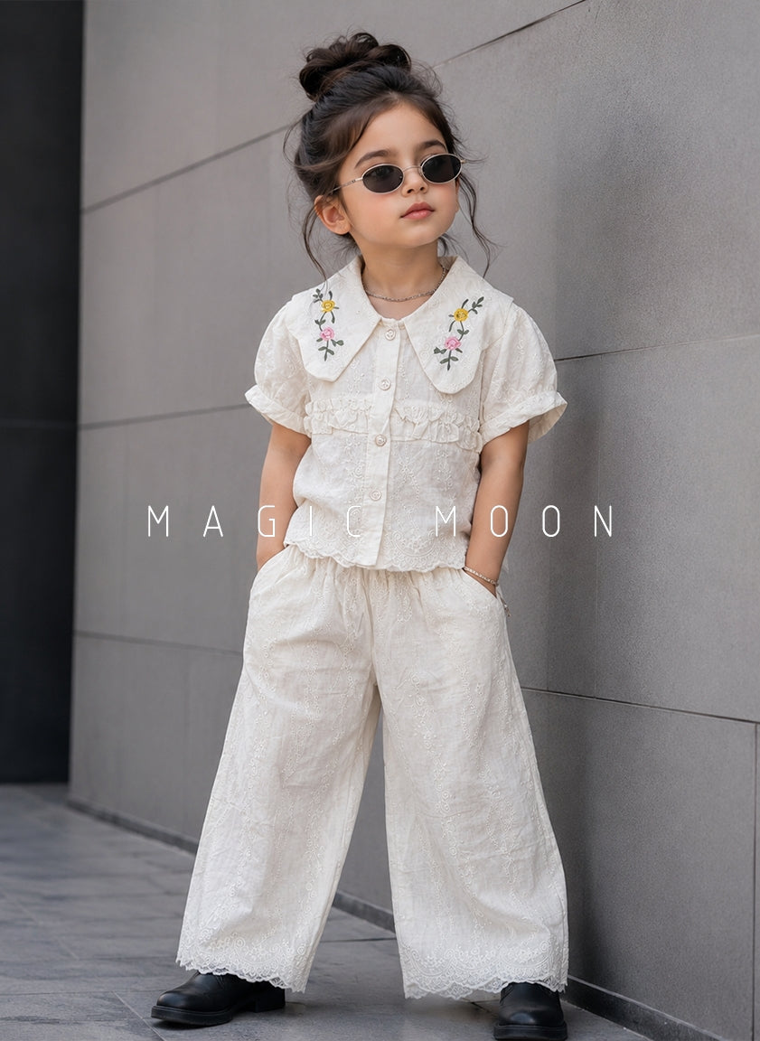 GST03 Girl's Half Sleeve Embroidered Top with Wide Leg Pant Set