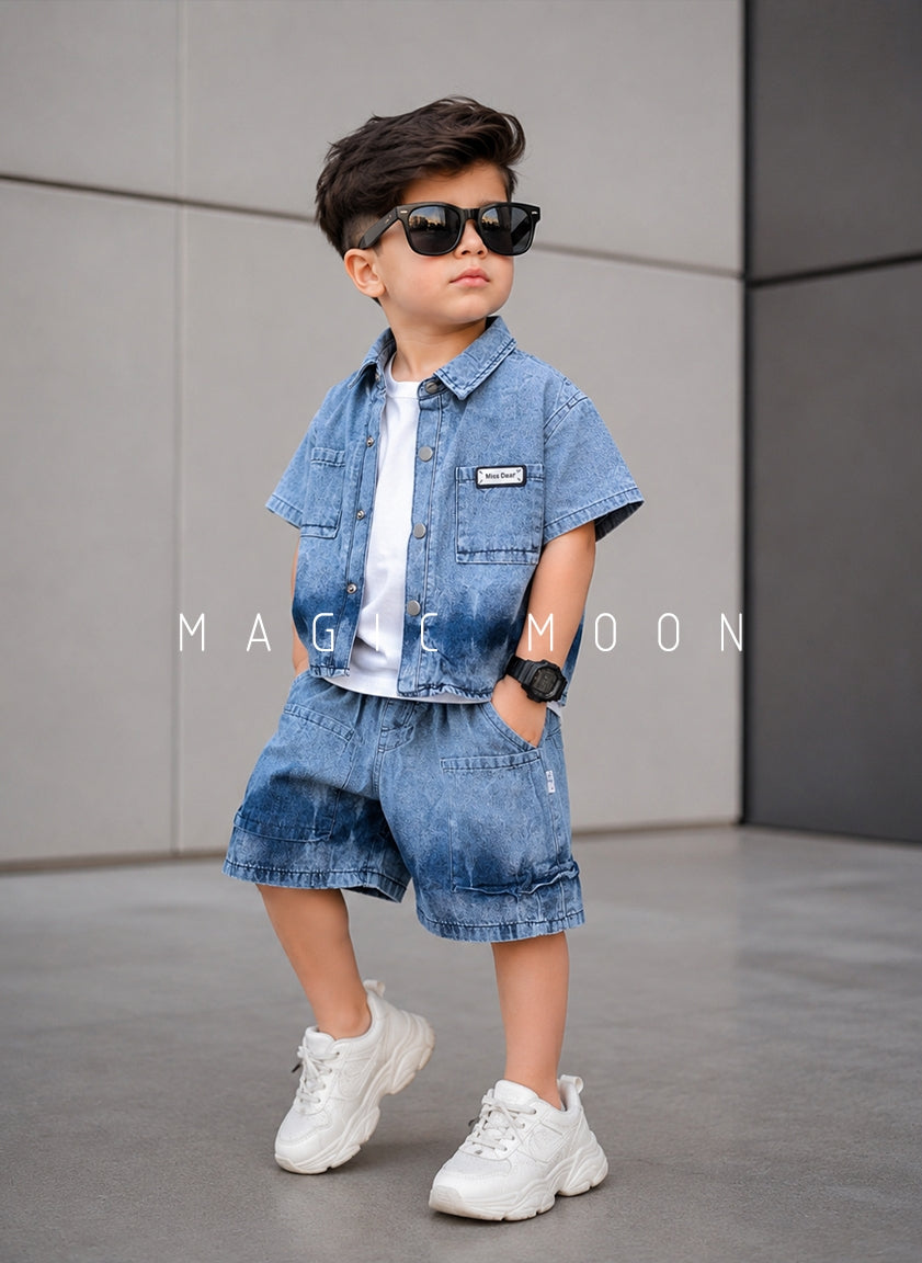 ST105 Unisex Half Sleeve Oversized Denim Shirt with Inner T Shirt and Shorts Set