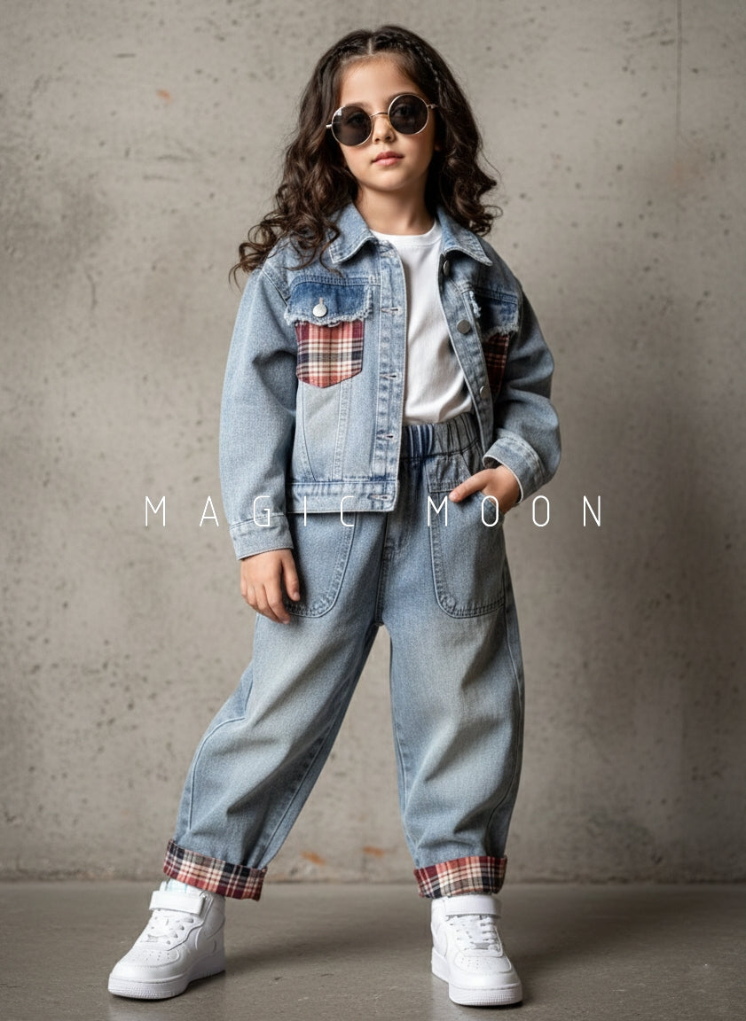 Girl's Full Sleeve Oversized Denim Jacket Inner T Shirt Pant Set